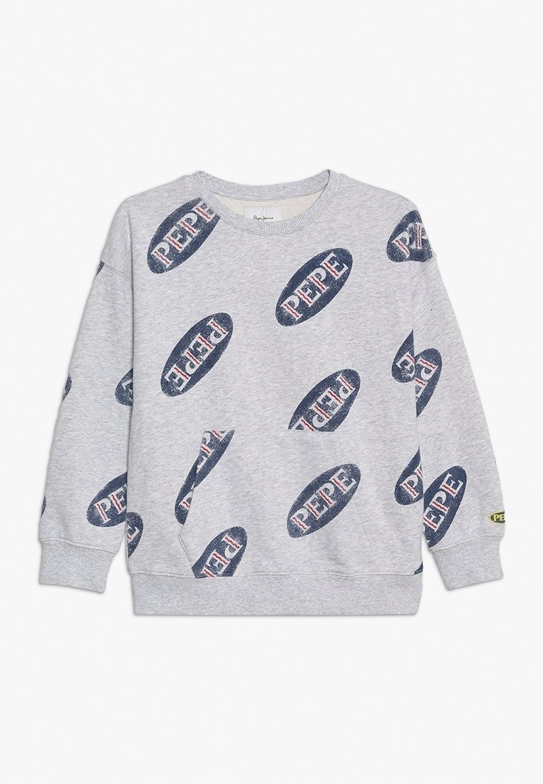 Jasnoszary długi rękaw sweter z powtarzającymi się ciemnoniebieskimi owalnymi logo zawierającymi słowo "PEPE" w wyblakłych białych i czerwonych literach.