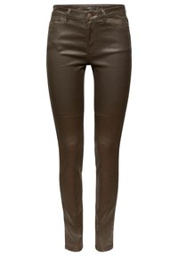 Bruna faux läder skinny jeans med en slät textur, klassisk fem-fickors design, knappstängning fram och sydda detaljer.