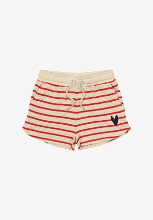 Șorturi în dungi roșii și crem, cu talie elastică, șnur, buzunare laterale și un logo cu inimă marină pe coapsa stângă.