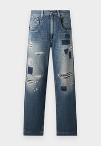 Denim jeans with distressed patches and varying shades of blue, featuring a straight-leg cut and traditional five-pocket design.