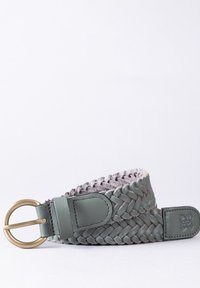 Woven green leather belt with a brass buckle. Features a textured, braided design and smooth leather accents at both ends.