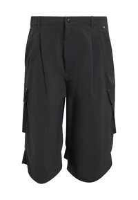 Black cargo shorts made from lightweight fabric, featuring pleats, side pockets, and button closure. Smooth texture and knee-length design.