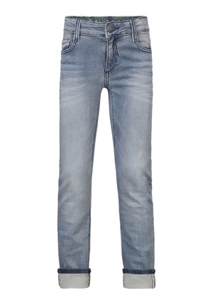 Jean skinny bleu clair délavé avec revers roulés, bouton sur le devant et poches, présenté sur un fond blanc.