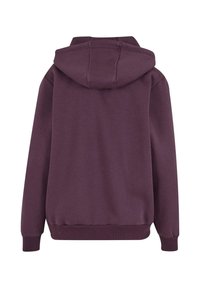 Vue de dos d'un sweat à capuche uni violet foncé avec manches longues et poignets et ourlet côtelés.