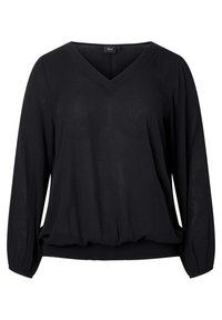 Blouse noire à manches longues avec un col en V, fabriquée en tissu léger. Présente une taille froncée et des poignets élastiques, offrant une coupe décontractée.