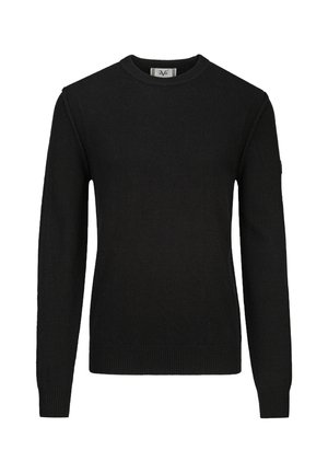 Schwarzer langärmeliger Strickpullover mit Rundhalsausschnitt und gerippten Bündchen und Saum, dargestellt auf weißem Hintergrund.