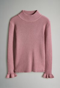 Geribbelde roze turtleneck trui met lange mouwen, met uitlopende manchetten. Zachte textuur en een aansluitende pasvorm.