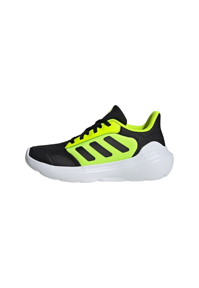 Black and bright neon yellow athletic shoes with a mesh upper, contrasting stripes, and a white Cloudfoam sole.