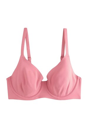 Soft pink underwire bra with adjustable straps and molded cups designed for support and comfort.