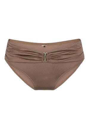 Parte inferiore del bikini marrone con lati arricciati, arricciature frontali e un'accento decorativa in oro al centro anteriore. Materiale liscio e elastico.