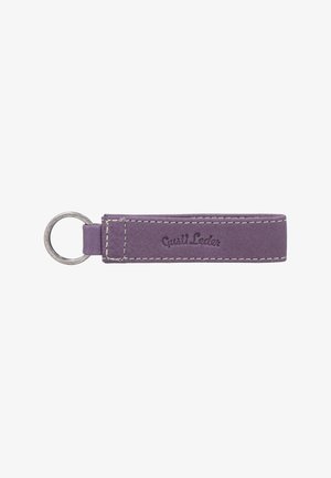 Purple leather keychain with white stitching and a silver metal ring, featuring the embossed text "Gusti Leder" on the leather strap.