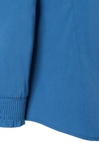Blue cotton shirt featuring gathered sleeves with elastic detail, straight cut hem, and a smooth texture.