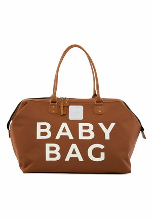 Rudas audinio kūdikių krepšys su baltu užrašu "BABY BAG", dviem rankenomis, užtrauktukais ir stačiakampio forma. Kasdienis dizainas, lengvos medžiagos.