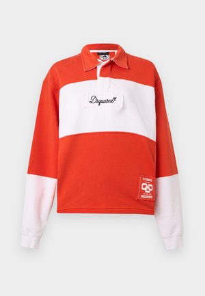 Maglia da rugby a maniche lunghe con larghe strisce orizzontali arancioni e bianche, colletto, scritta "Dsquared²" sul petto e toppa sulla parte anteriore inferiore sinistra.