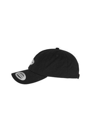 Black cotton baseball cap with an adjustable strap, curved visor, and embroidered logo patch on the front. Soft texture and classic design.