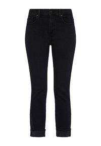 Schwarze Denim-Jeans mit Slim-Fit, ausgestattet mit einem Knopfverschluss, fünf Taschen und umgeschlagenen Säumen. Glatte Textur mit minimaler Detailverarbeitung.