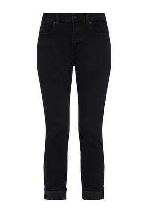 Sorte denim jeans med slim fit, der har knaplukning, fem-lomme design og opsmøgede kanter. Glat tekstur med minimal detaljer.