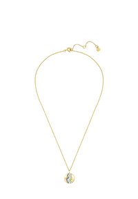 Zlatno-tonirana ogrlica z okroglo visoko obesek z valovitim vzorcem v modri in zeleni barvi, obešena na subtilni verižici z nastavljivo dolžino.