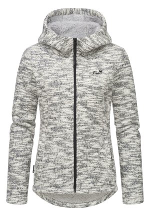 Veste en polaire à capuche grise et blanche avec un motif texturé, fermeture éclair intégrale et manches longues, dotée d'un ourlet incurvé et d'un logo discret.