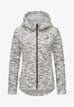 Szürke és fehér kapucnis fleece dzseki texturált mintával, teljes cipzárral és hosszú ujjal, ívelt szegéllyel és diszkrét logóval.