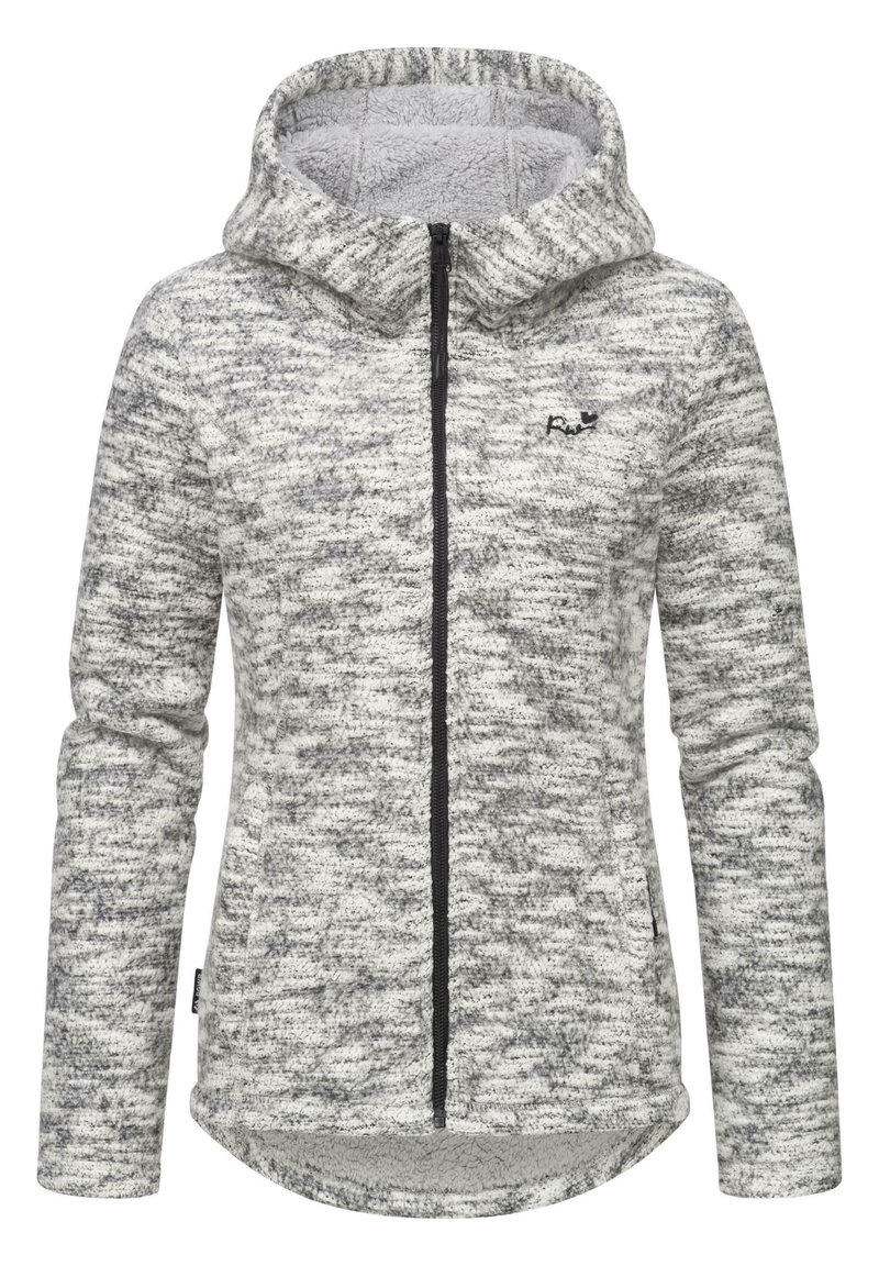 Šedá a bílá mikina s kapucí z fleece materiálu se strukturovaným vzorem, plným zipem a dlouhými rukávy, s zakřiveným lemem a jemným logem.