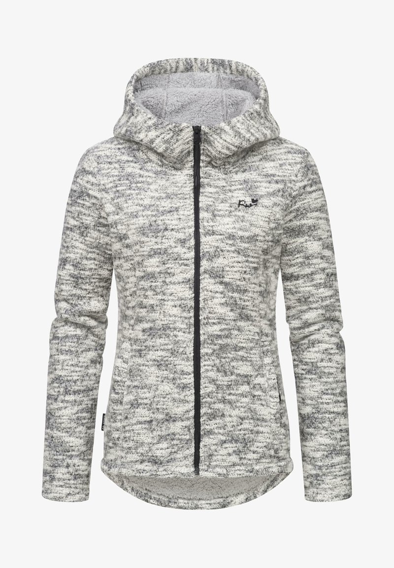 Szara i biała polarowa kurtka z kapturem o teksturowanym wzorze, z pełnym zamkiem, długimi rękawami, zaokrąglonym hemem i subtelnym logo.