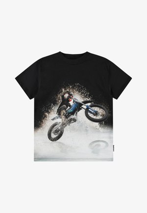 Black T-shirt featuring a graphic of a motorcycle rider in mid-air, splashing water, with detailed colors on the bike and rider's outfit.
