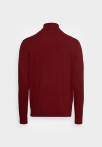 Maglione rosso con colletto alto. Presenta maniche lunghe e una texture liscia. Design semplice senza motivi o accenti visibili.