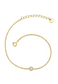 Guld kedjearmband med en cirkulär klar stenaccent. Har en texturerad länkdesign och ett justerbart lås med en liten cirkulär tag.