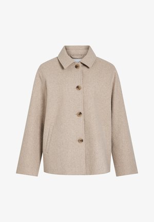 Beige wool blend jacket with a collared neck, five brown buttons, side pockets, and a boxy silhouette. Soft texture and minimal design.
