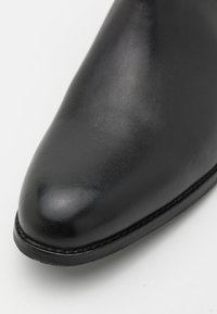 Zapato de cuero negro con puntera puntiaguda, textura suave y costuras en contraste a lo largo de la suela. Presenta un diseño elegante y moderno.
