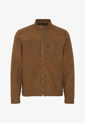 Brązowa zamszowa kurtka z stójką, zamkiem błyskawicznym i dwoma przednimi kieszeniami. Poduszki na ramionach nadają elegancki wygląd.