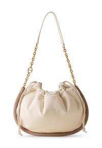 Cremfarbene Lederhandtasche mit gerafftem oberen Teil, beigem strukturiertem Boden, goldener Kettenhandhabung und glatter Oberfläche. Verfügt über einen Kordelzugverschluss.