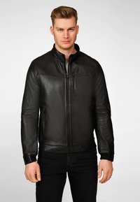 Black leather jacket with a stand-up collar, front zip closure, and two side pockets. Features a smooth texture and fitted design.