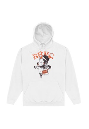 Biała bluza z kapturem z kieszenią z przodu, z czarno-pomarańczową grafiką przedstawiającą postać trzymającą ciasto. Miękka tkanina w luźnym fasonie.