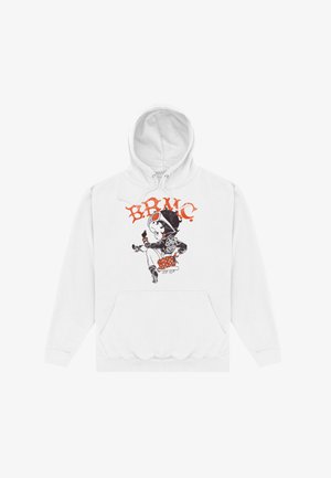 Biała bluza z kapturem z kieszenią z przodu, z czarno-pomarańczową grafiką przedstawiającą postać trzymającą ciasto. Miękka tkanina w luźnym fasonie.