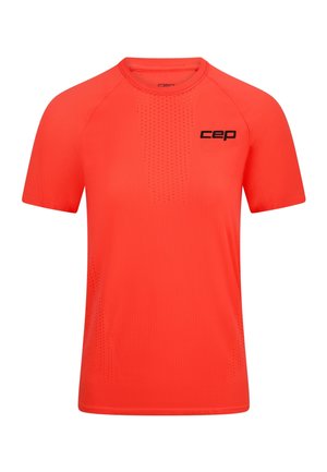 Bright orange short-sleeve athletic shirt with small ventilation holes and black "cep" logo on the left chest.