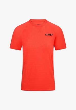 Bright orange short-sleeve athletic shirt with small ventilation holes and black "cep" logo on the left chest.