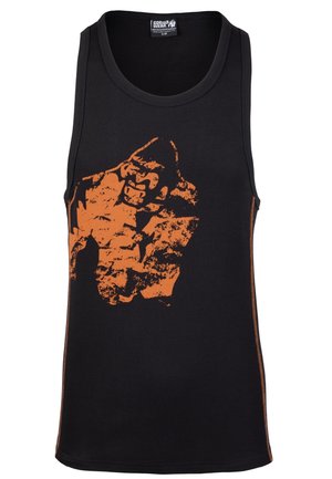 Black tank top made of ribbed fabric, featuring an orange gorilla graphic on the front and orange stitching along the sides.