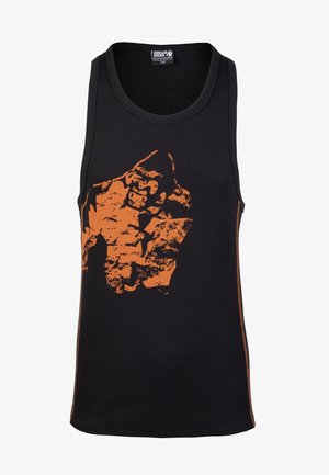 Zwarte tanktop van ribstof, met een oranje gorilla graphic op de voorkant en oranje stiksels langs de zijkanten.