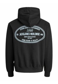Czarna bluza z kapturem, z białym napisem "Założona w Kopenhadze 1990 Jack & Jones Worldwide" w owalnym kształcie na plecach.