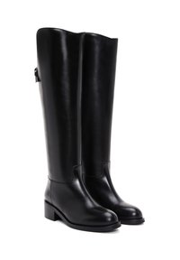 Black leather knee-high boots with a smooth finish, slightly rounded toe, and minimal hardware, featuring a modest block heel.