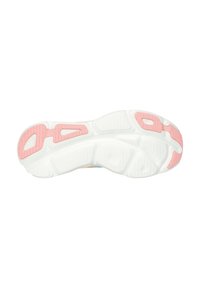 Schuhsohle mit weißem Gummiuntergrund, umfasst pinke Akzente und strukturierte Grip-Muster. Enthält Ausschnitte für Flexibilität und Unterstützung.