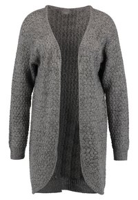 Harmaa avoimella edestä oleva neuletakki, valmistettu teksturoidusta neulekankaasta. Mallissa on pitkät hihat ja rento istuvuus hieman kaartuvalla helmalla.