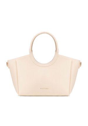 Cremefarbene Ledertasche mit runden Griffen, trapezförmig, und kleinem goldenen Logo "WITTCHEN" mittig auf der Vorderseite.