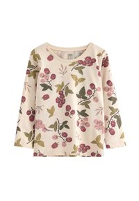 Vaaleanpunainen pitkähihaine paita, jossa on kukkakuosi, jossa näkyy violetteja, vaaleanpunaisia ja vihreitä marjoja ja lehtiä pehmeällä, tekstuurilla varustetulla kankaalla.