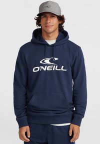 Navy blue cotton hoodie with front pocket, drawstring hood, and large white "O'Neill" logo printed on the chest. Gray cap on model's head.