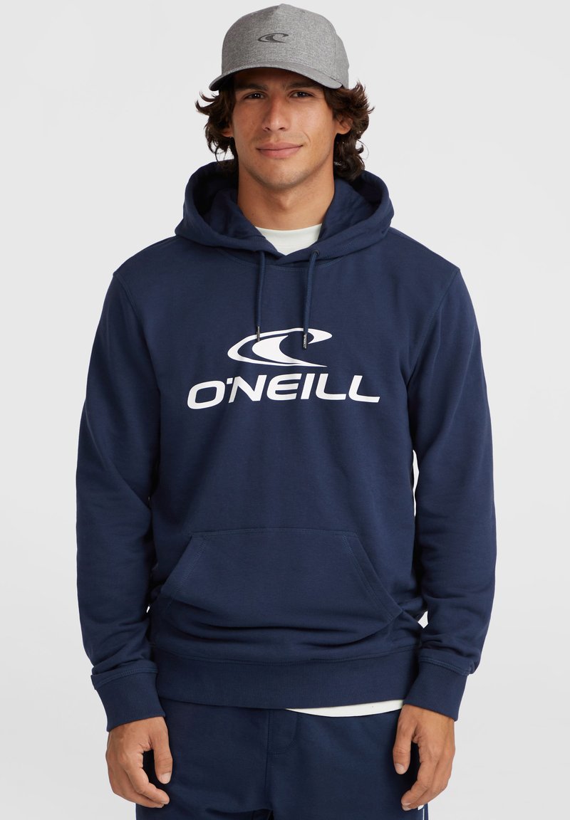 Navy blue cotton hoodie with front pocket, drawstring hood, and large white "O'Neill" logo printed on the chest. Gray cap on model's head.