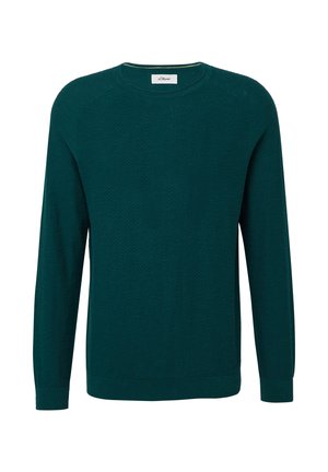 Pull en tricot vert à manches longues, col rond et motif texturé. Caractéristiques : poignets et ourlet côtelés. Étiquette visible au niveau du col.