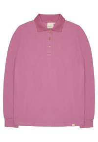 Polo a maniche lunghe in cotone rosa chiaro, con colletto, patta con tre bottoni e una piccola etichetta con logo vicino all'orlo.